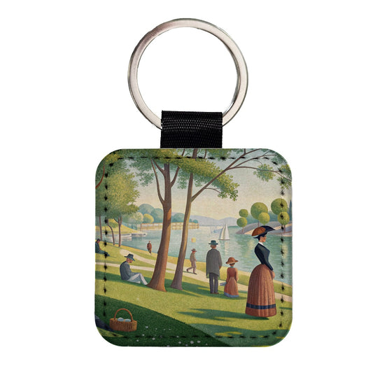 Sunday in the Park Seurat Inspired Square Faux Leather Keychain