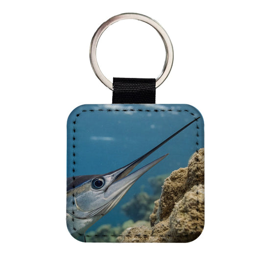 Swordfish Deep Sea Reef Square Faux Leather Keychain