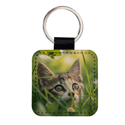 Tabby Cat In Nature Square Faux Leather Keychain