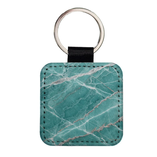 Teal Marble Abstract Texture Square Faux Leather Keychain