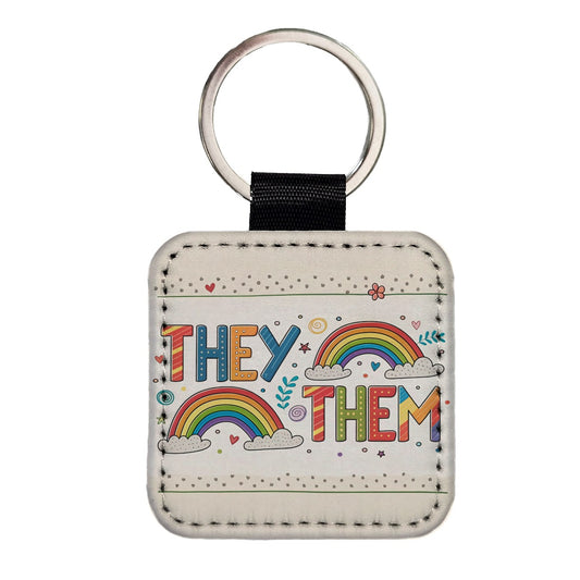 They Them Rainbow Colorful Pride Square Faux Leather Keychain