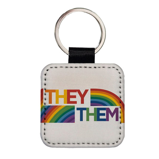 They Them Rainbow Pride Square Faux Leather Keychain