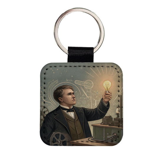 Thomas Edison Historic Inventor Square Faux Leather Keychain