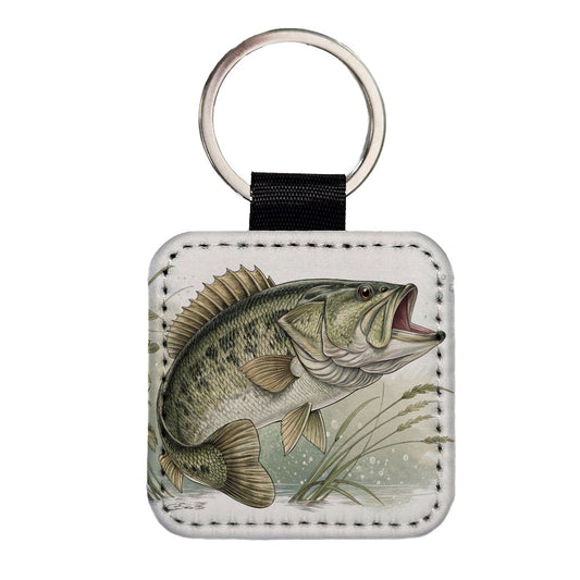 Trophy Largemouth Bass Fishing Square Faux Leather Keychain