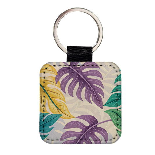 Tropical Leaves Colorful Foliage Square Faux Leather Keychain