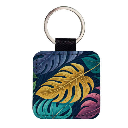 Tropical Leaves Colorful Square Faux Leather Keychain