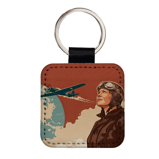Vintage Amelia Earhart Aviation Travel Square Faux Leather Keychain