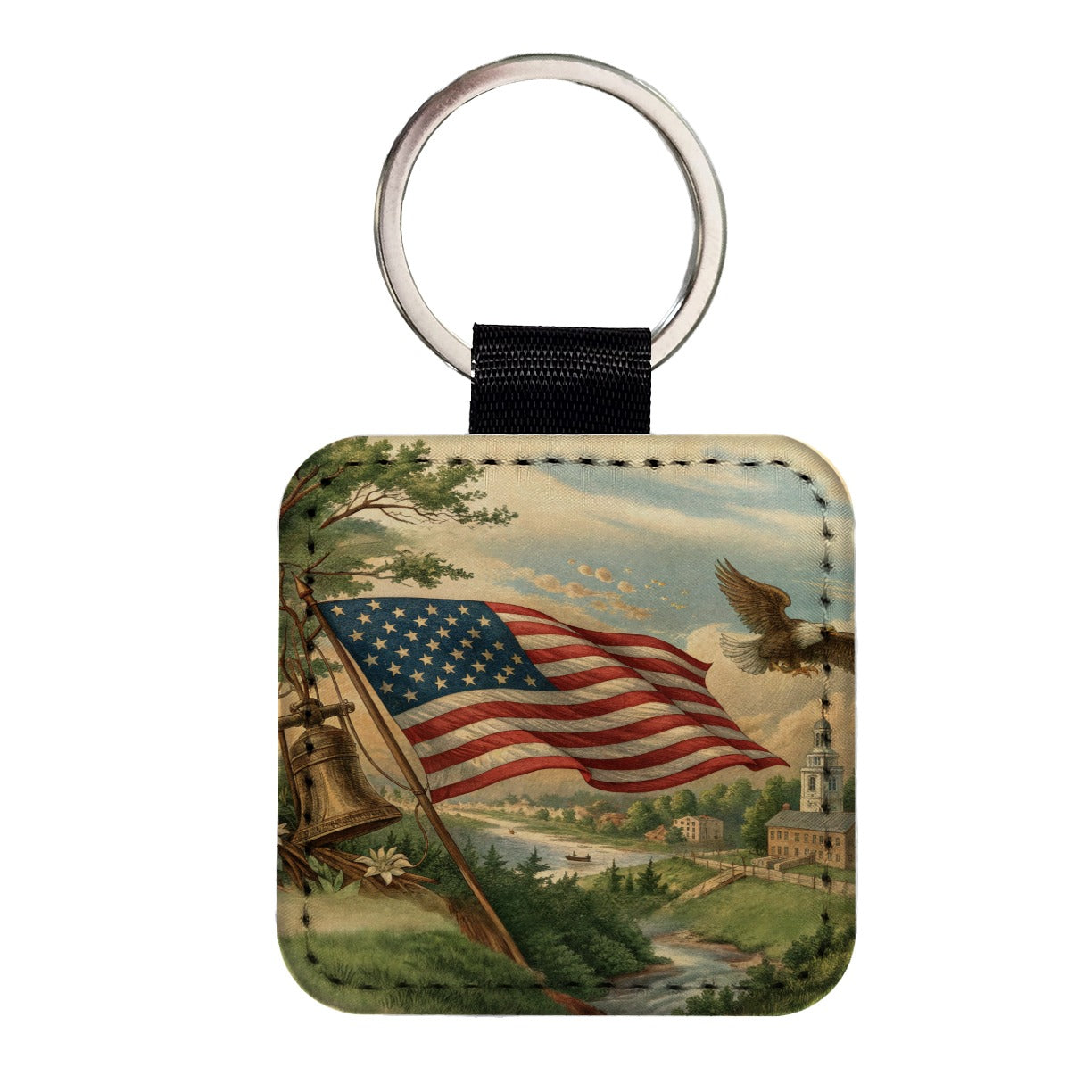 Vintage American Eagle Flag Square Faux Leather Keychain