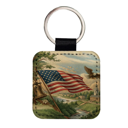 Vintage American Eagle Flag Square Faux Leather Keychain