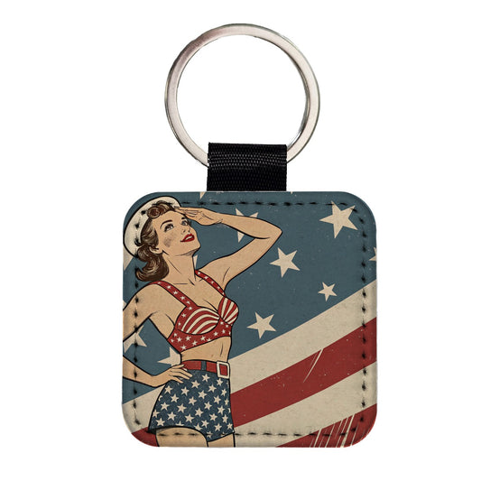 Vintage American Flag Pinup Woman Square Faux Leather Keychain