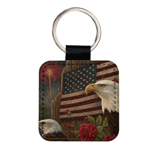 Vintage Americana Eagle Collage Patriotic Square Faux Leather Keychain