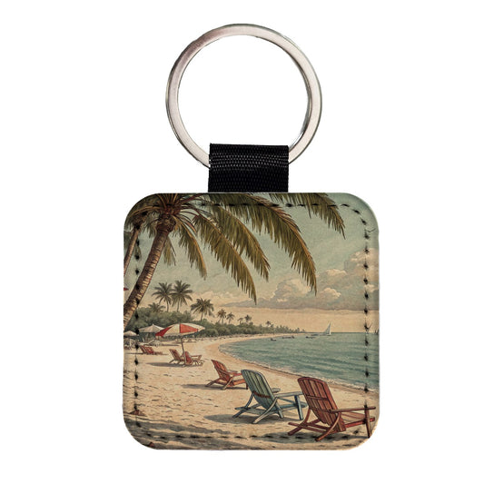Vintage Beach Scene Holiday Square Faux Leather Keychain
