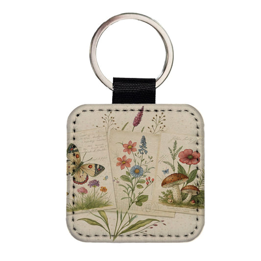 Vintage Botanical Illustration Collage Square Faux Leather Keychain