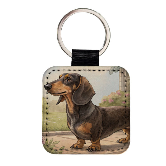 Vintage Dachshund Dog Portrait Square Faux Leather Keychain