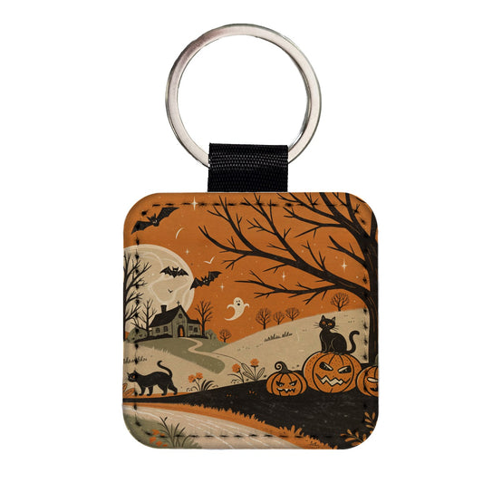 Vintage Halloween Black Cats Square Faux Leather Keychain