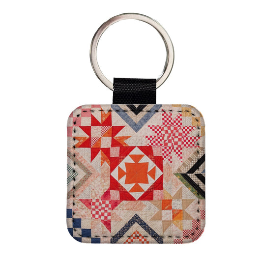 Vintage Patchwork Quilt Square Faux Leather Keychain