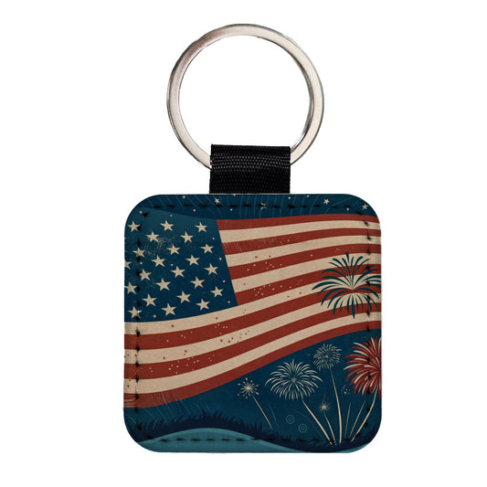 Vintage Patriotic Flag Fireworks Square Faux Leather Keychain