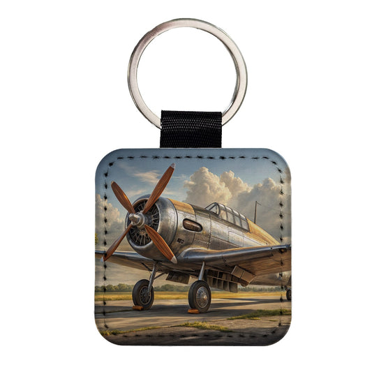 Vintage Propeller Airplane Square Faux Leather Keychain