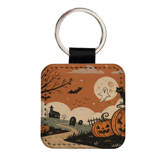 Vintage Pumpkin Halloween Scene Square Faux Leather Keychain
