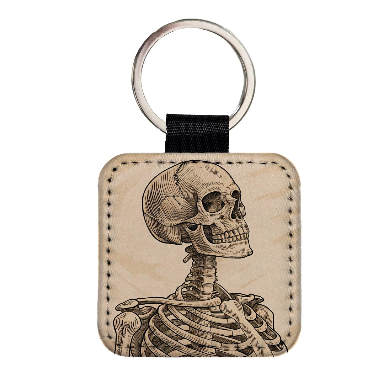 Vintage Skeleton Illustration Square Faux Leather Keychain