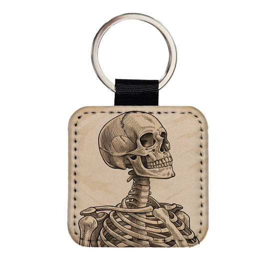 Vintage Skeleton Illustration Square Faux Leather Keychain