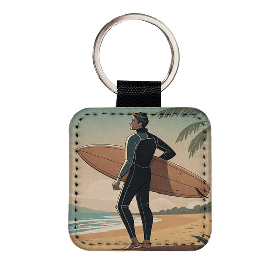 Vintage Surfer Beach Scene Square Faux Leather Keychain