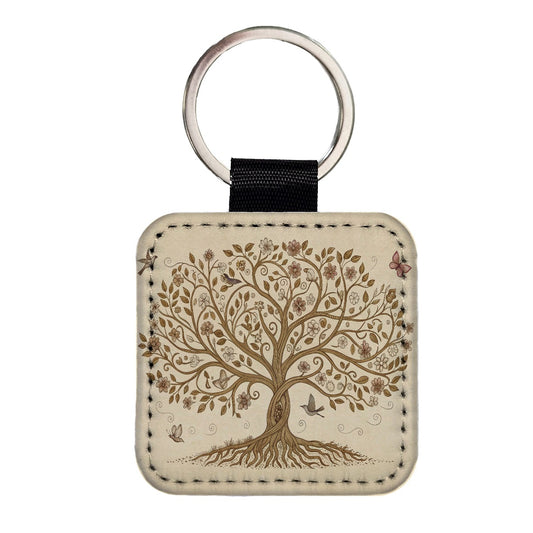Vintage Tree Of Life Square Faux Leather Keychain