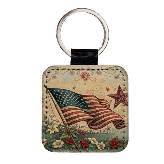 Vintage USA Flag Stars Patriotic Square Faux Leather Keychain