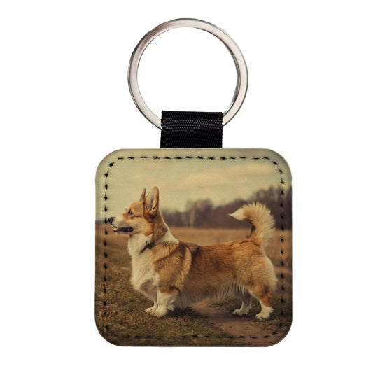 Vintage Welsh Corgi Dog Square Faux Leather Keychain
