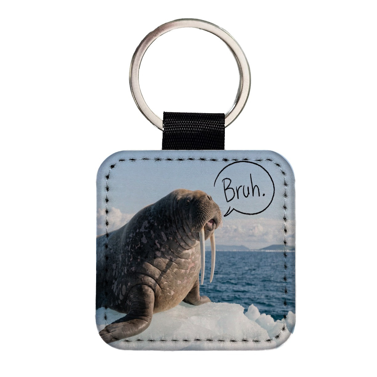 Walrus Saying Bruh Funny Square Faux Leather Keychain