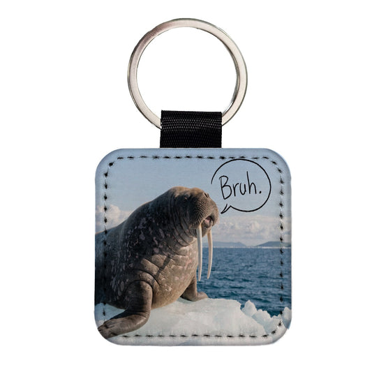 Walrus Saying Bruh Funny Square Faux Leather Keychain
