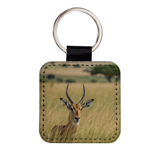 Watchful Antelope Nature Scene Square Faux Leather Keychain