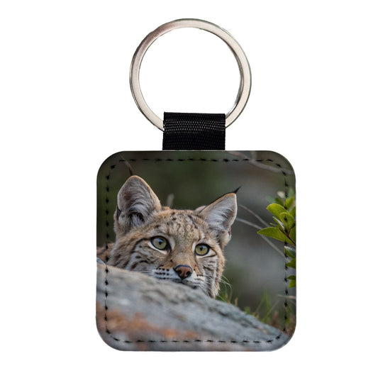 Watchful Bobcat Wildlife Nature Square Faux Leather Keychain