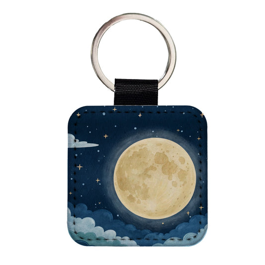 Watercolor Moon At Night Square Faux Leather Keychain