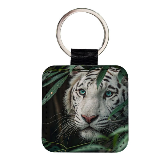 White Tiger Jungle Watch Square Faux Leather Keychain