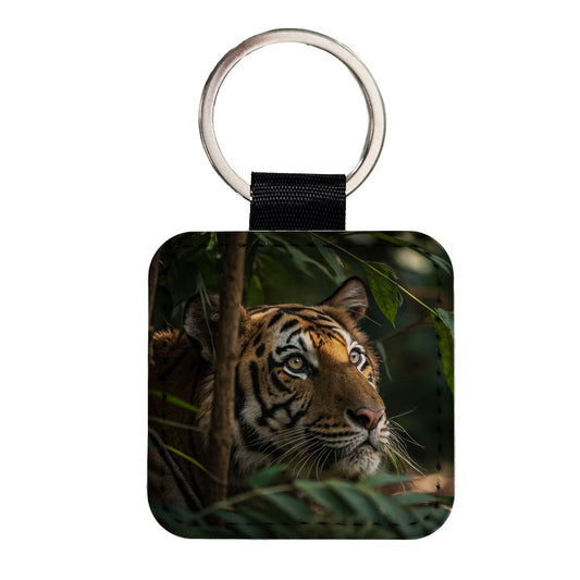 Wild Tiger Forest Jungle Square Faux Leather Keychain