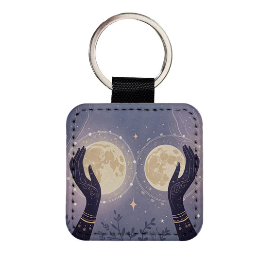 Witchy Celestial Moon Hands Square Faux Leather Keychain