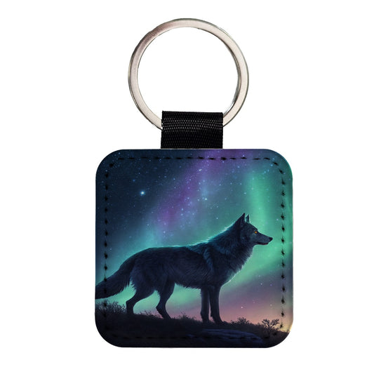 Wolf Beneath Aurora Borealis Square Faux Leather Keychain