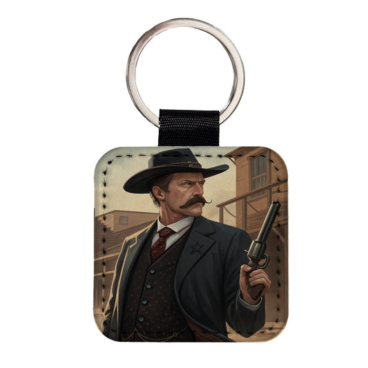 Wyatt Earp Frontier Gunslinger Square Faux Leather Keychain