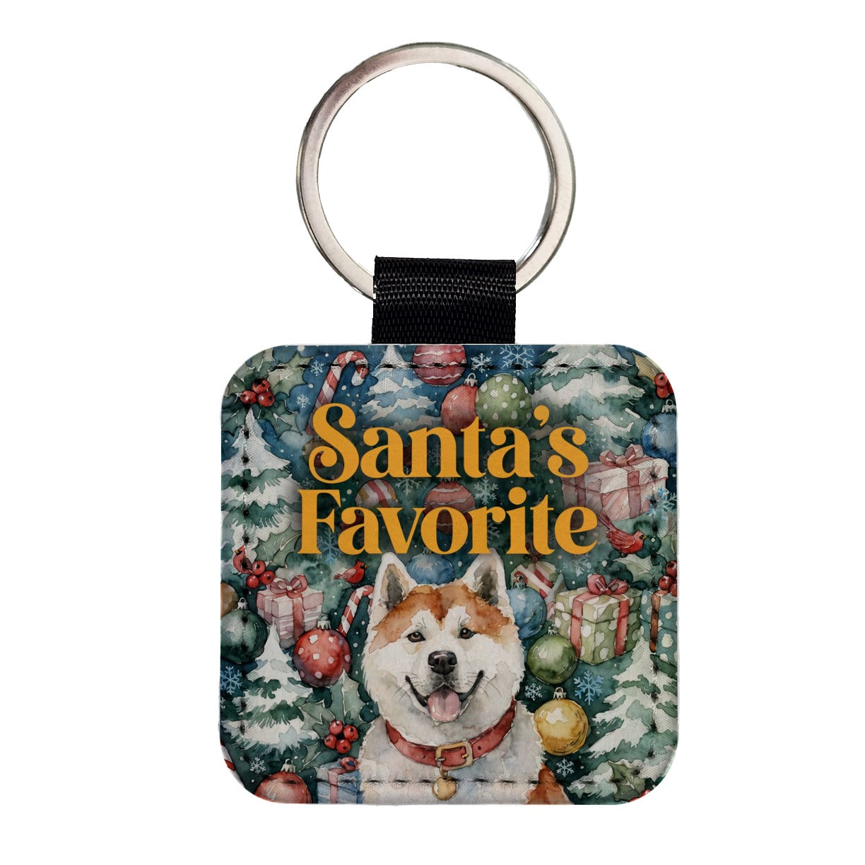 Akita Dog Christmas Santa's Favorite Square Faux Leather Keychain