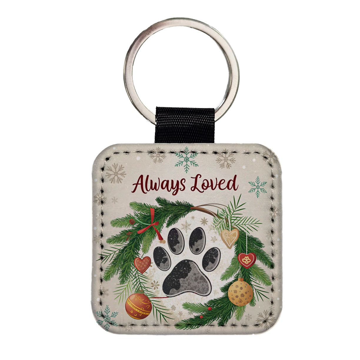 Always Loved Paw Print Christmas Dog Cat Square Faux Leather Keychain