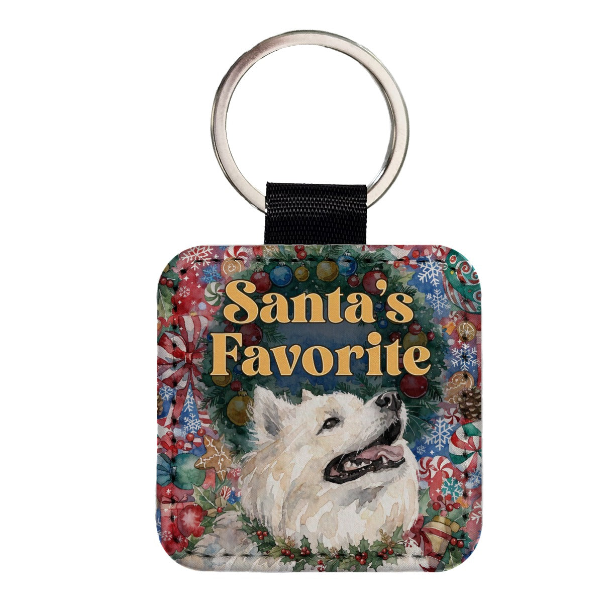American Eskimo Dog Christmas Santa's Favorite Square Faux Leather Keychain