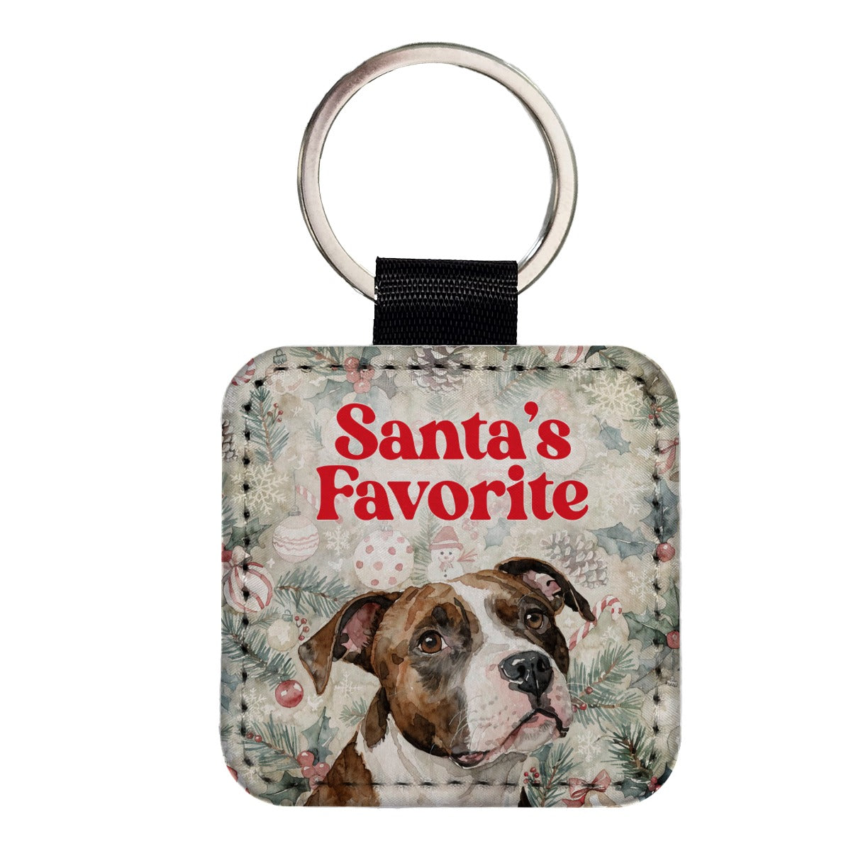 American Pit Bull Terrier Dog Christmas Santa's Favorite Square Faux Leather Keychain