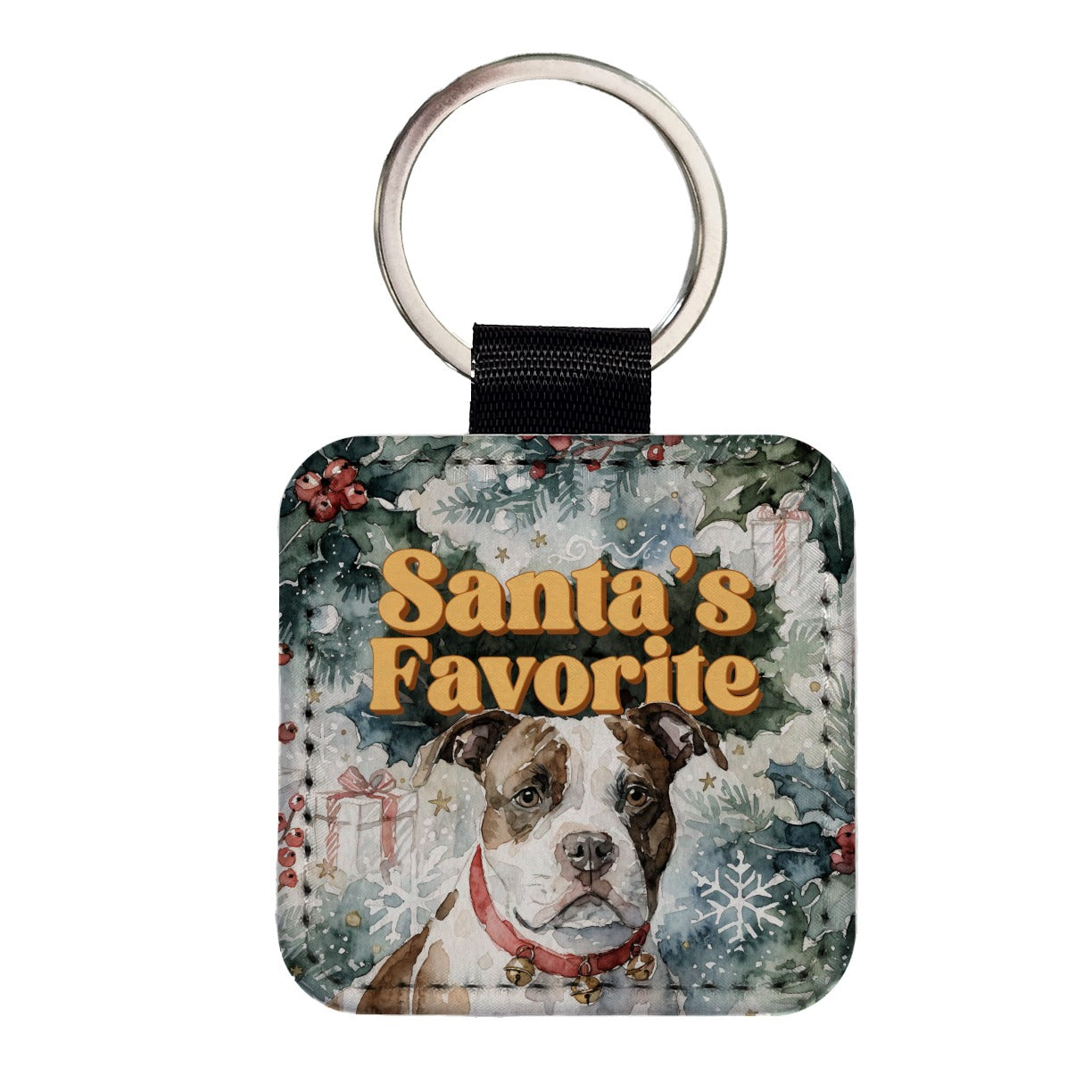 American Staffordshire Terrier Christmas Santa's Favorite Square Faux Leather Keychain