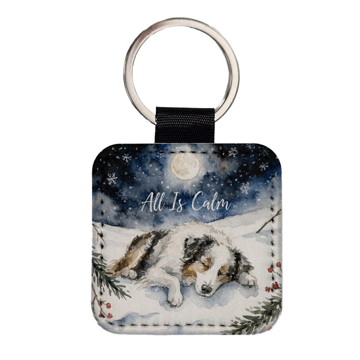 Australian Shepherd Dog All Is Calm Christmas Square Faux Leather Keychain