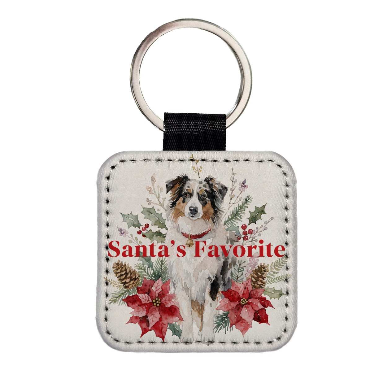 Australian Shepherd Dog Christmas Santa's Favorite Square Faux Leather Keychain