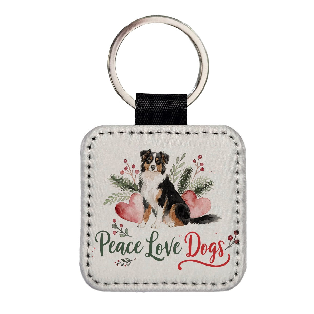 Australian Shepherd Peace Love Dogs Christmas Square Faux Leather Keychain