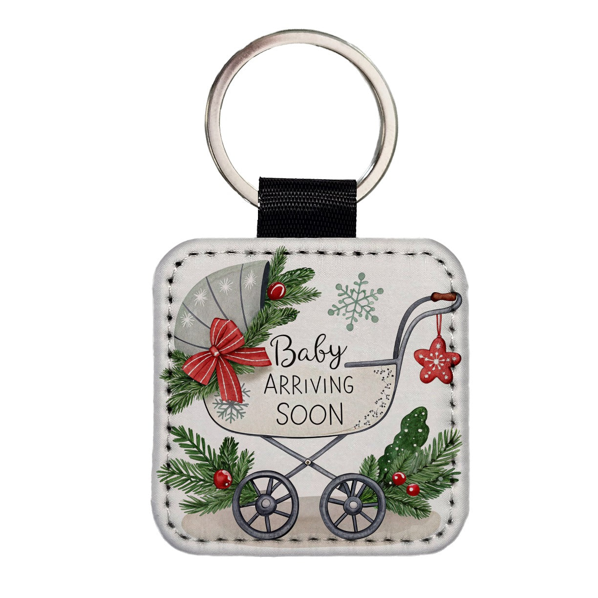Baby Arriving Soon Christmas Pregnancy Square Faux Leather Keychain