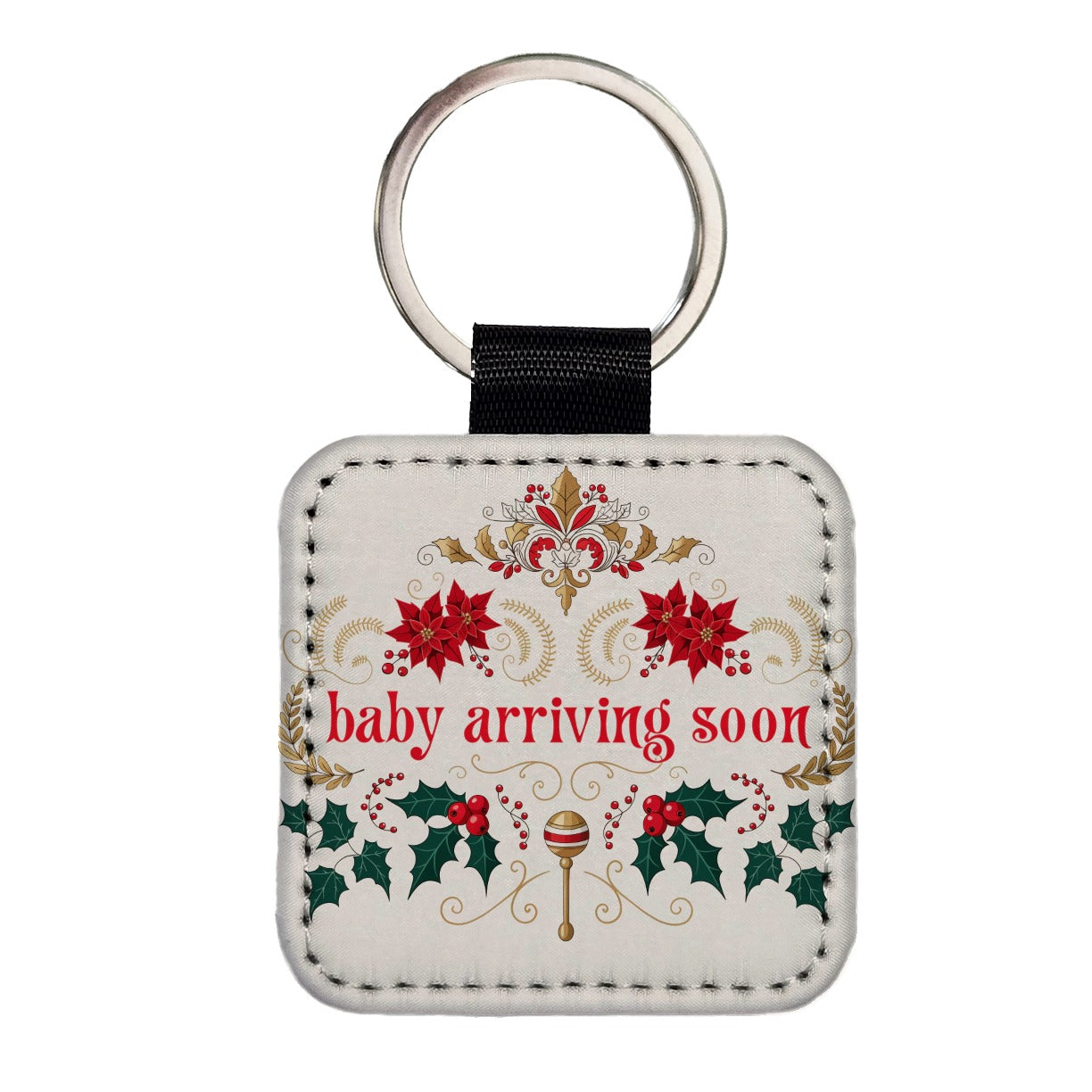 Baby Arriving Soon Pregnant Christmas Square Faux Leather Keychain