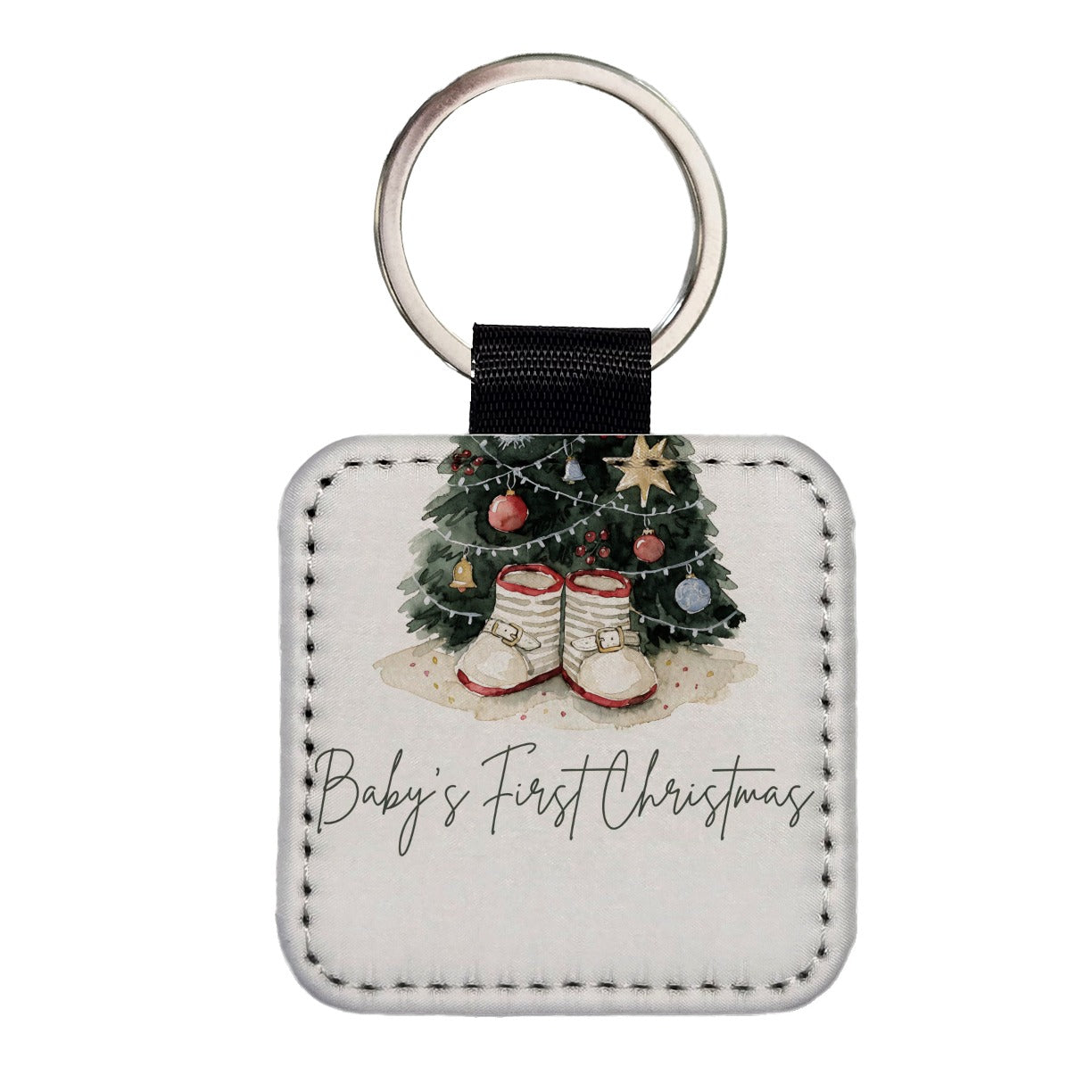 Baby's First Christmas Booties Tree Square Faux Leather Keychain